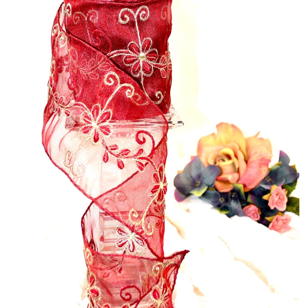NWOT beautiful embroidered red wired ribbon with floral design in ivory